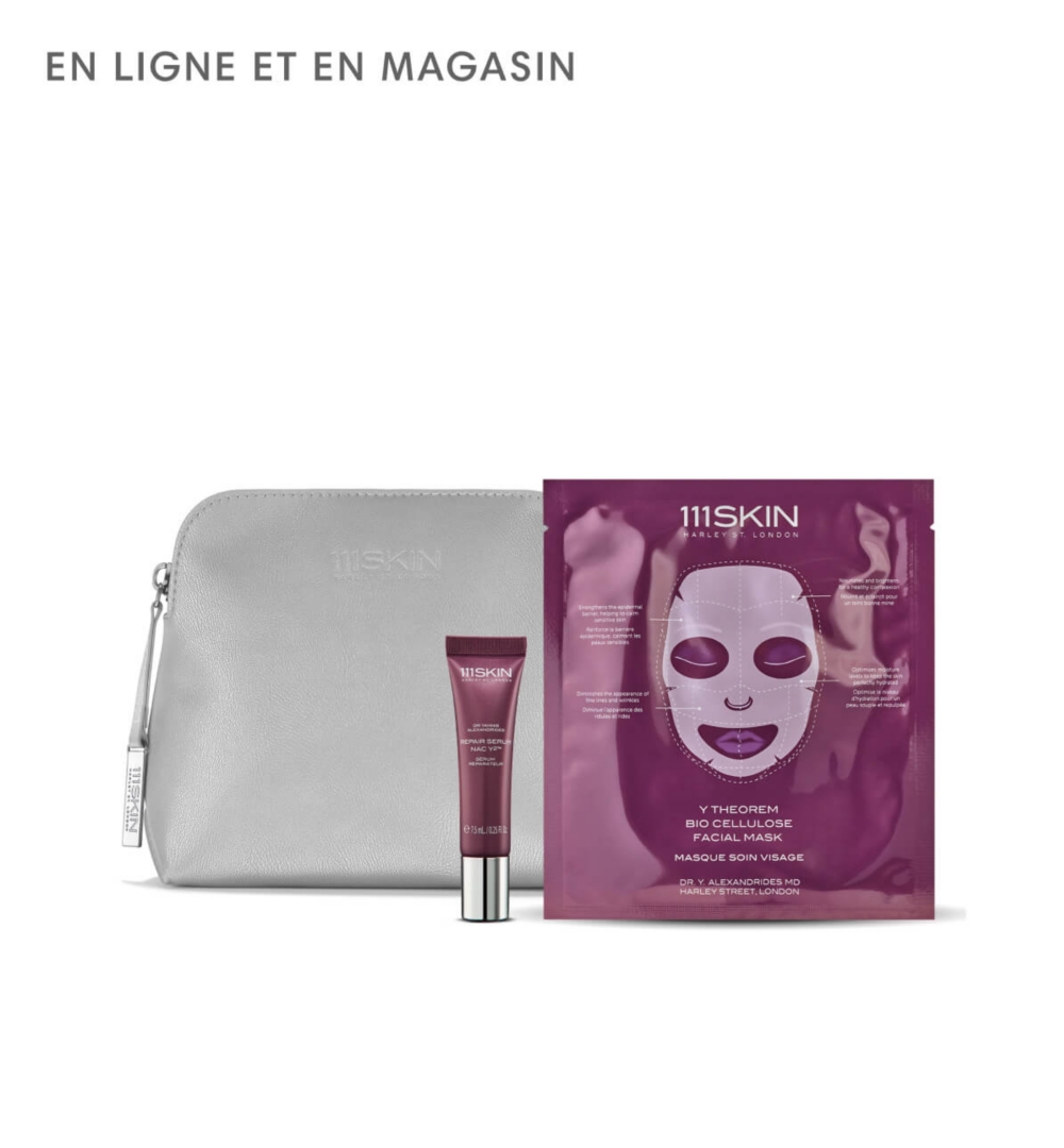 Une pochette argentée et deux produits 111Skin