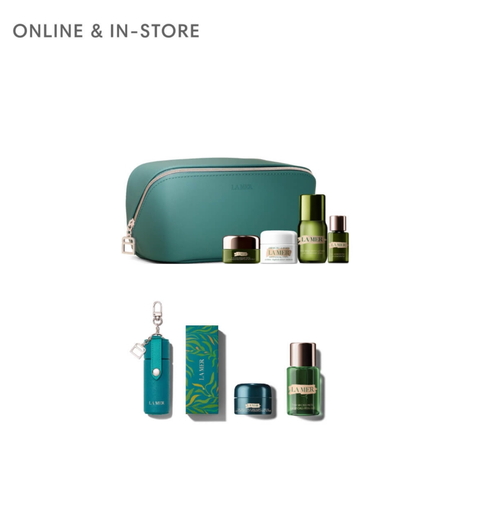 A green beauty bag with a number of skincare products