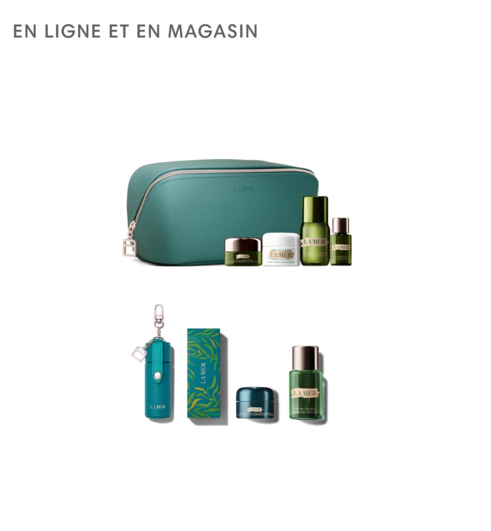 Un sac de beauté vert avec un certain nombre de produits de soins de la peau