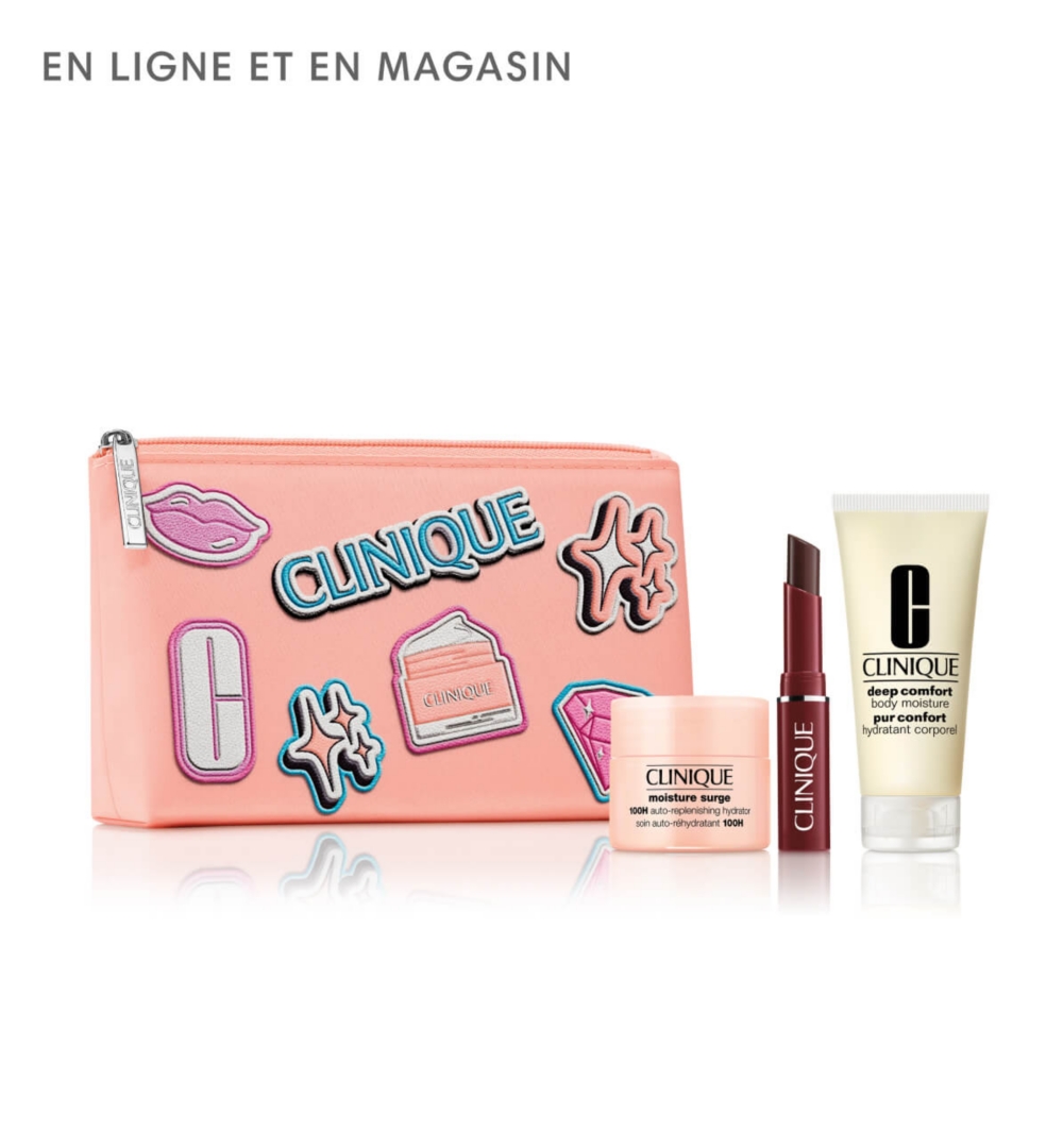 Une pochette Clinique et trois produits Clinique