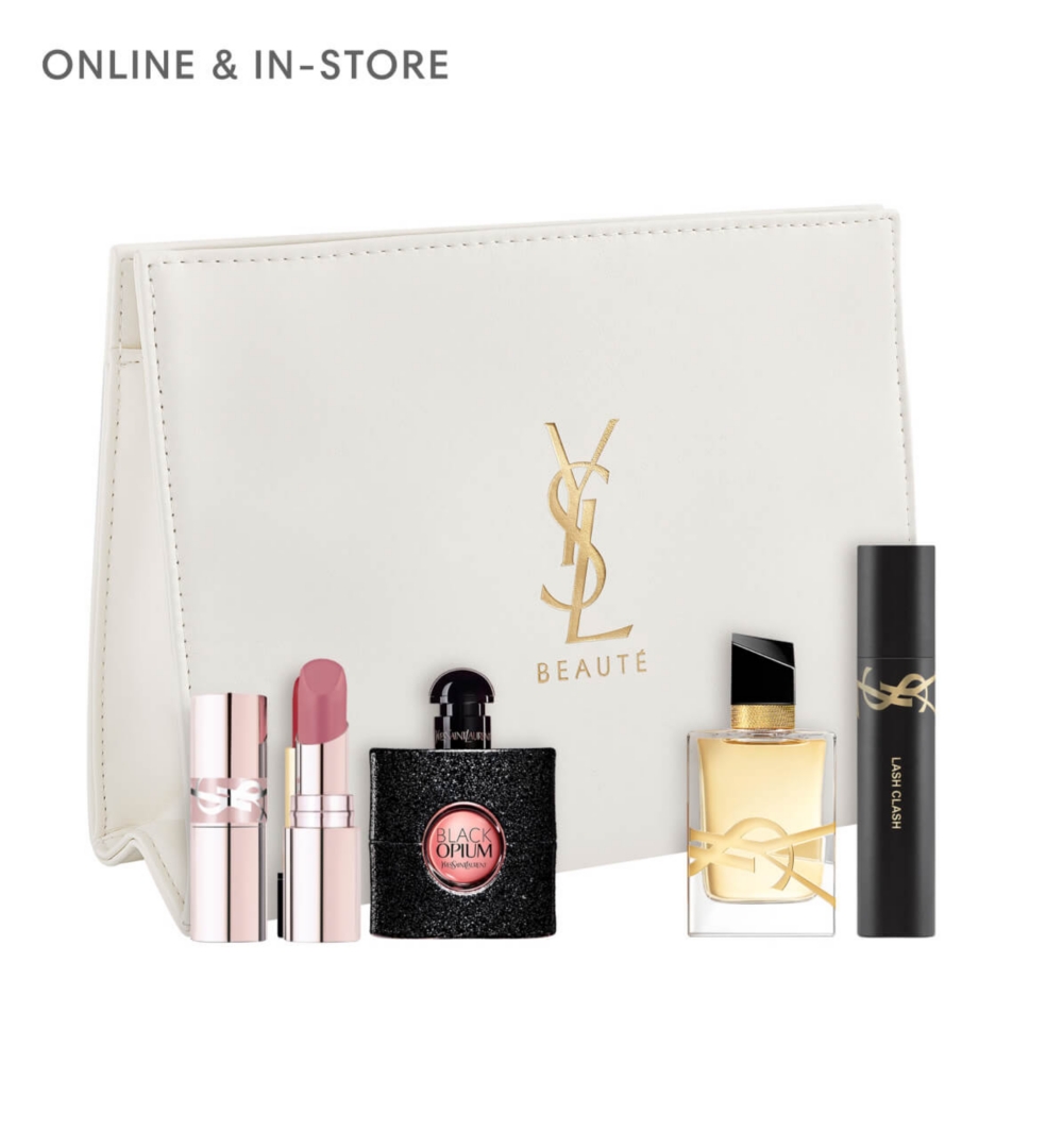 A pouch surrounded by Yves Saint Laurent beauty products