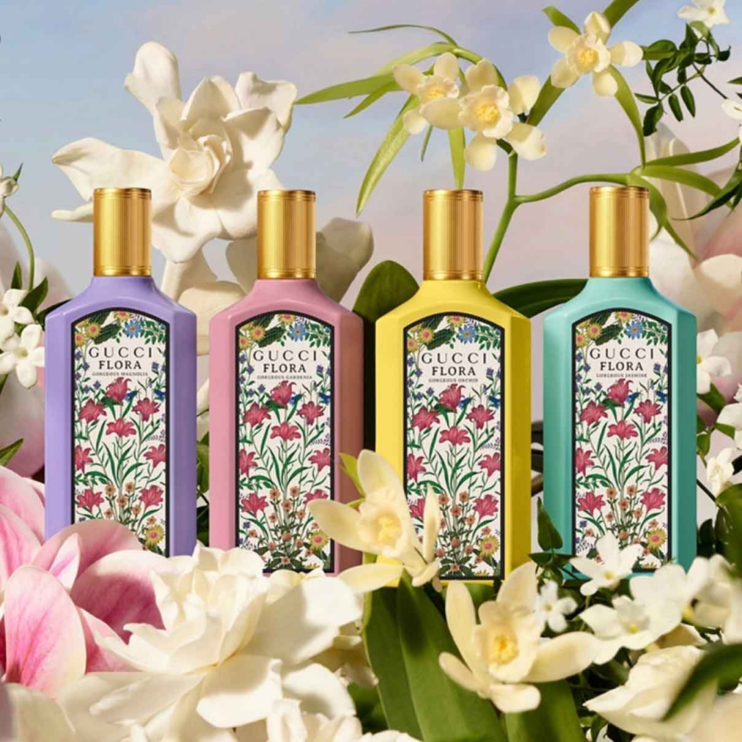 Three Gucci beauty products featuring a floral design