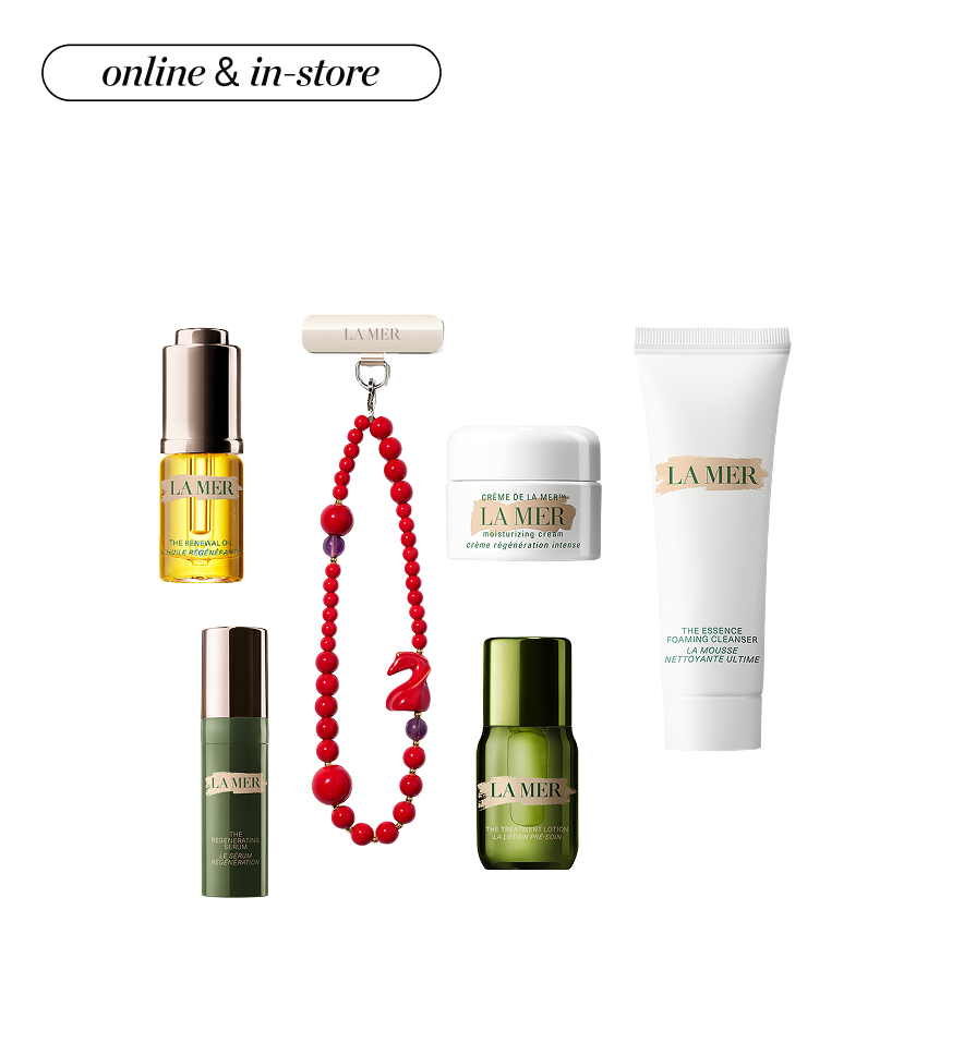 A green beauty bag with a number of skincare products