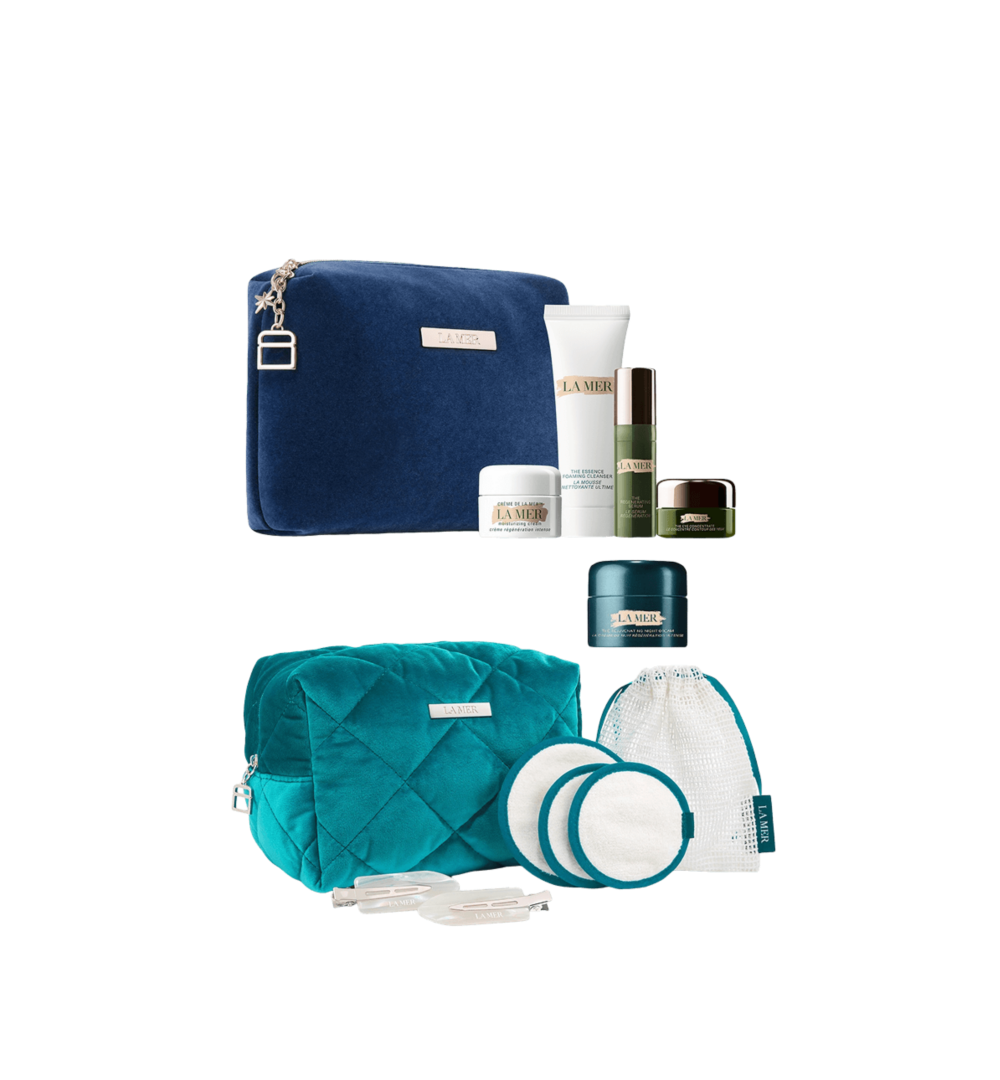 A green beauty bag with a number of skincare products