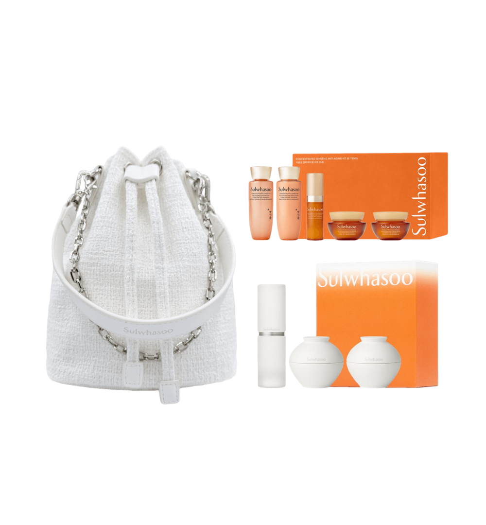 Orange packaged gift sets with skincare products